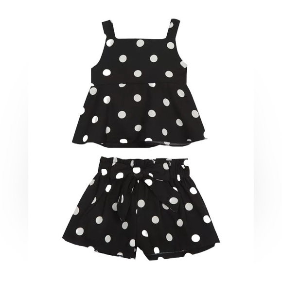 Baby Girls 2 Piece Black and White Polka Dot Print Top & Shorts Set 6-9 Months - Picture 1 of 7